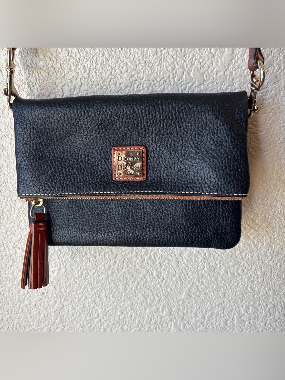 Dooney & Bourke Black Pebbled Leather Crossbody with Brown Trim